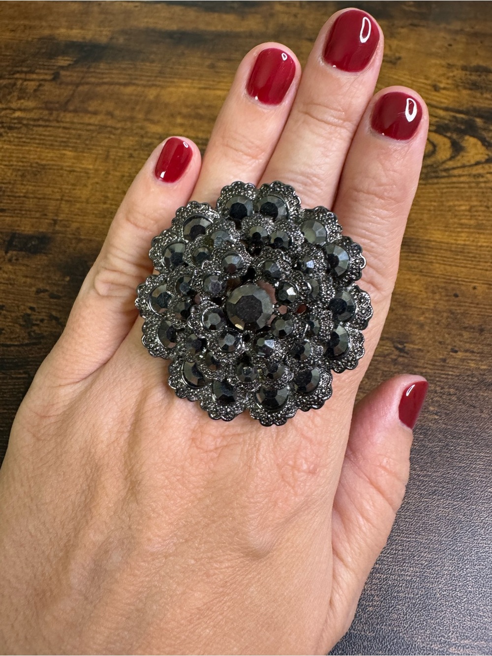 Sparkling Black Floral Statement Ring size 8